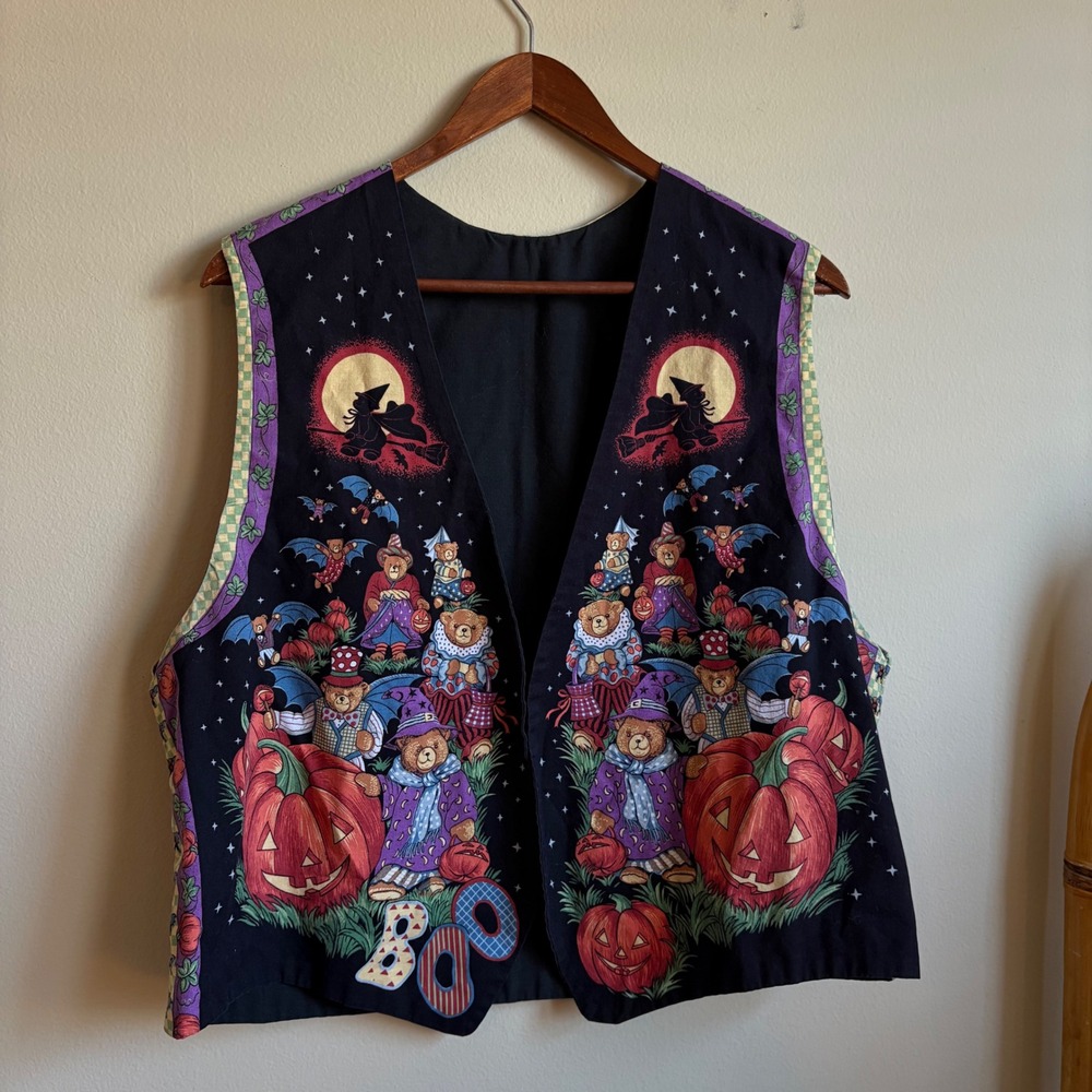 Vintage 1990's Halloween Handmade Pumpkin Patch Bears and Witches Shirt Vest